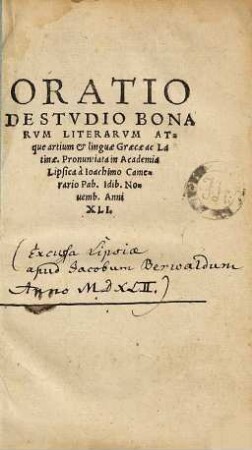 Oratio De Stvdio Bonarvm Literarvm Atque artium & linguae Graecae ac Latinae