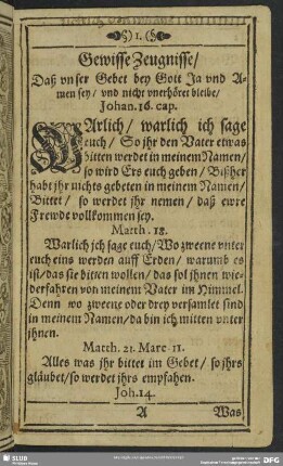 Gewisse Zeugnisse, Daß unser Gebet bey Gott Ja und Amen sey, und nicht unerhöret bleibe ...