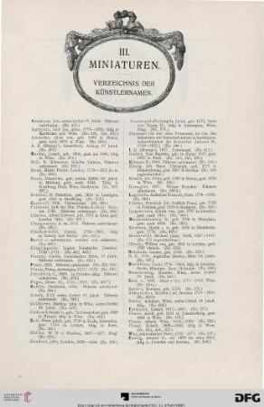 III. Miniaturen. (Verzeichnis der Künstlernamen) (No. 329-415)