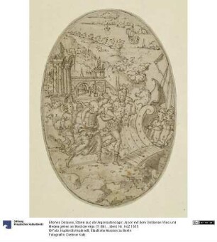 Szene aus der Argonautensage: Jason mit dem Goldenen Vlies und Medea gehen an Bord der Argo (?) (Bildfeld in einer ovalen Kartusche)