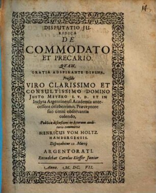 Disputatio Iuridica De Commodato Et Precario