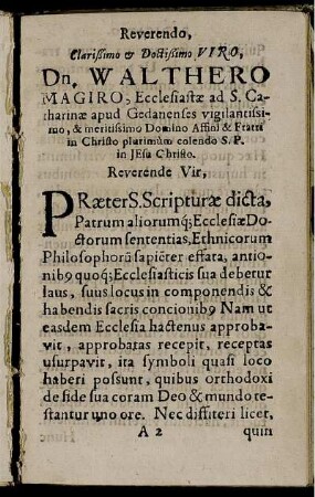 Reverendo, Clarißimo & Doctißimo Viro Dn. Walthero Magiro, Ecclesiastæ ad S. Catharinæ apud Gedanenses [...]