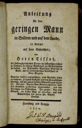 Anleitung für den geringen Mann in Städten und auf dem Lande, in Absicht auf seine Gesundheit