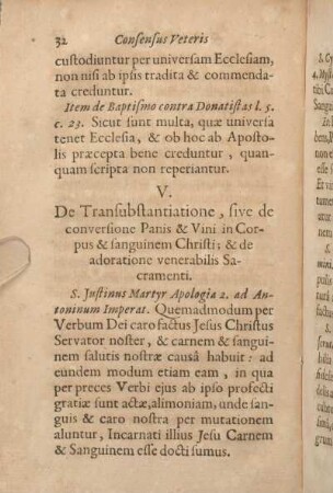V. De Transubstantiatione, sive de conversione Panis & Vini in Corpus & sanguinem Christi; & de adoratione venerabilis Sacramenti.