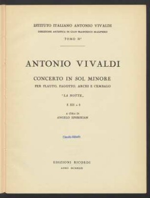 Concerto in sol minore per flauto, fagotto, archi e cembalo : "La notte" : F. XII no. 5