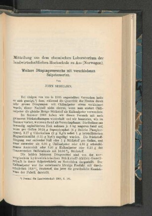 Miteilungen aus dem chemischen Laboratorium der landwirtschaftlichen Hochschule zu Aas (Norwegen).