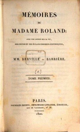 Mémoires De Madame Roland, Tome Premier