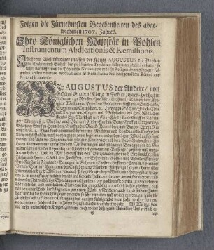 Folgen die Fürnehmsten Begebenheiten des abgewichenen 1707. Jahres.