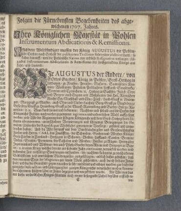 Folgen die Fürnehmsten Begebenheiten des abgewichenen 1707. Jahres.