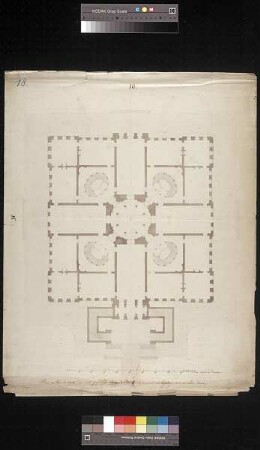Grundriss des Erdgeschosses eines quadratischen Schlossneubaues mit zentraler Kuppel (2. Schlossprojekt)