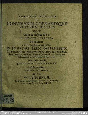 Exercitatio Philologica De Convivandi Coenandiqve Veterum Ritibus