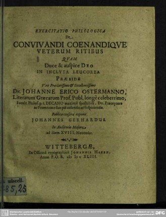 Exercitatio Philologica De Convivandi Coenandiqve Veterum Ritibus
