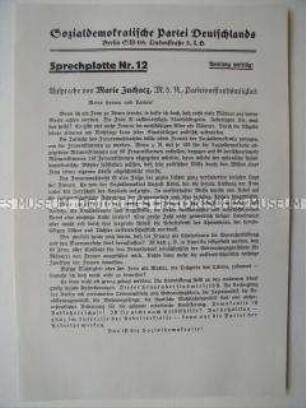 Textblatt zu einer Schallplatte mit einer Rede von Marie Juchacz