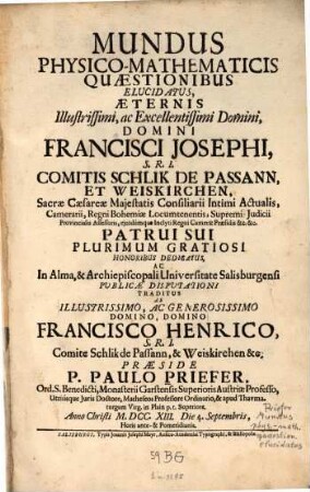Mundus Physico-Mathematicis Quaestionibus Elucidatus