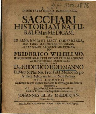 Dissertatio Medica Inauguralis, sistens Sacchari Historiam Naturalem Et Medicam