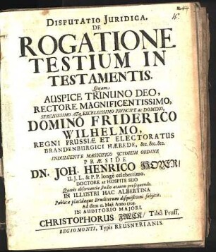 Disputatio Juridica. De Rogatione Testium In Testamentis
