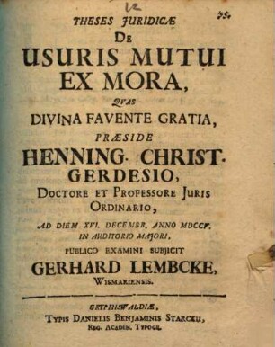 Theses juridicae de usuris mutui ex mora