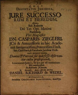 Disputatio Iuridica, De Iure Successorum Et Heredum
