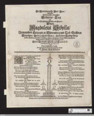 Die Würtembergische Gluck-Henn : Vorgestellt Auf den Lands-erfreulichen Geburts-Tag Der Durchleuchtigsten Fürsten und Frauen, Frauen Magdalena Sibylla, Verwittibten Hertzogin zu Würtemberg ...