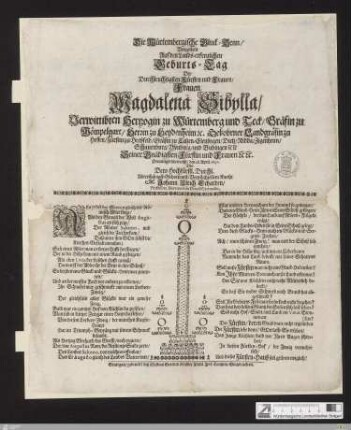 Die Würtembergische Gluck-Henn : Vorgestellt Auf den Lands-erfreulichen Geburts-Tag Der Durchleuchtigsten Fürsten und Frauen, Frauen Magdalena Sibylla, Verwittibten Hertzogin zu Würtemberg ...