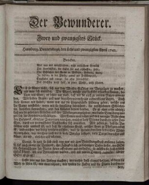 Zwey und zwanzigstes Stück. Hamburg, Donnerstags, den sechs und zwanzigsten April 1742.