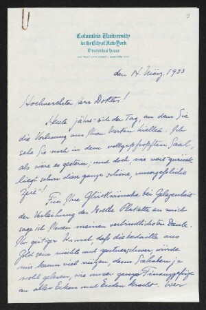 Brief von Frederick W. J. Heuser von Columbia University / Deutsches Haus  an Gerhart Hauptmann
