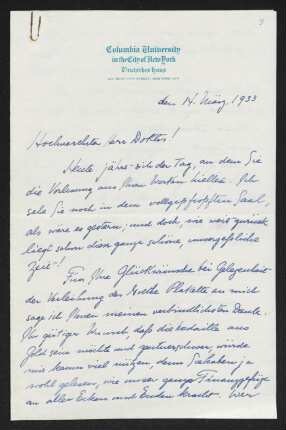 Brief von Frederick W. J. Heuser von Columbia University / Deutsches Haus <New York, NY> an Gerhart Hauptmann