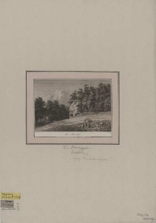 Ansicht des Schweizer Bettes im Plauenschen Grund bei Dresden, Kupferstich, 1799 : Das Riesenbette / Klengel del. J. A. Darnstedt sc. - [Nürnberg] : [Frauenholz] , [1799]. - 1 Kunstbl. : Kupferst. ; 19 x 13 cm