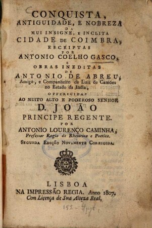 Conquista antiguidade, e nobreza da mui insigne e inclita cidade de Coimbra