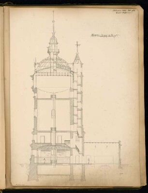 Wasserhebewerk auf dem Kreuzberg, Berlin Monatskonkurrenz Februar 1886: Querschnitt; Maßstabsleiste