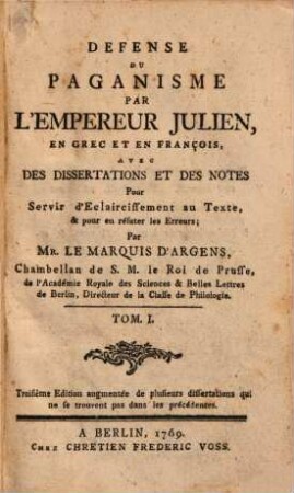 Defense du paganisme. 1. (1769). - 167 S.
