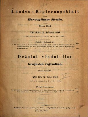 Landes-Regierungsblatt für das Herzogthum Krain : = Deželni vladni list za Krajnsko Vojvodino. 1858,2 = Stücke 21 - 45