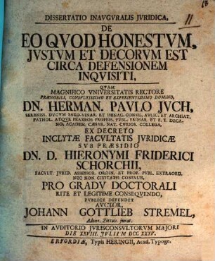 Diss. inaug. iur. de eo quod honestum, iustum et decorum est circa defensionem inquisiti