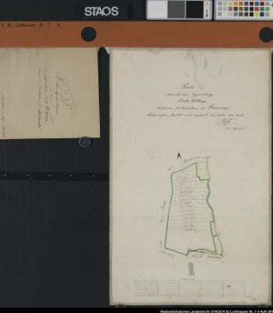 Lockhausen. "Karte von der bei Ippenburg . . . belegenen fiskalischen s. g. Herrenwiese." (westlich der Hunte) Parzellen mit den Namen der Pächter (in Blei nachgetragen). Namen der angrenzenden Grundeigentümer. Dazu gesondert ein Vermessungsregister Ausf.-Art: Farbige Zeichnung auf Leinen gezogen Herst.: Bosse Format: 58 x 37 cm Maßstab: 1 : 2 000