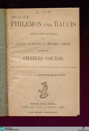 Philemon u. Baucis : Oper in 3 Aufzügen