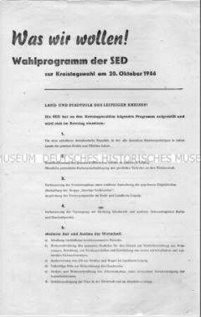 Propagandaflugblatt der SED Leipzig mit dem Wahlprogramm zu den Kreistagswahlen 1946