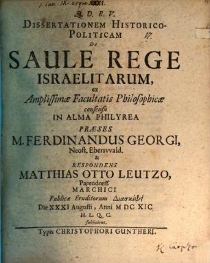 Diss. hist.-pol. de Saule, rege Israelitarum