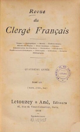 Revue du clergé français. 14. 1898 = Année 4