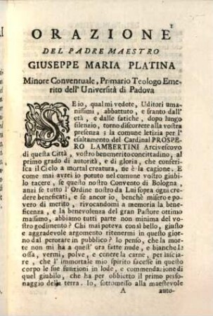 Orazioni panegiriche composte e recitate da diversi celebri oratori per l'esaltamento al Pontificato di sua Eminenza Card. Prospepero Lambertini ora Benedetto XIV.