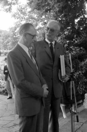 35. Tagung 1985 Physik; Bayrisches Frühstück: Baron Dées de Sterio, Graf Lennart Bernadotte