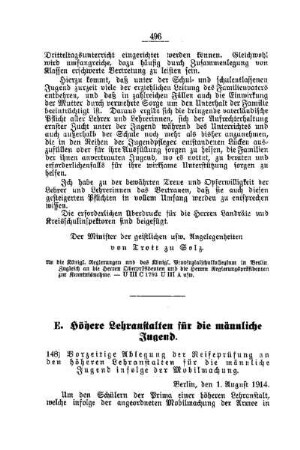 Vorzeitige Ablegung der Reifeprüfung an den höheren Lehranstalten für die männliche Jugend infolge der Mobilmachung : [E. Höhere Lehranstalten für die männliche Jugend]