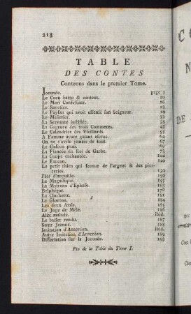 218, Table des Contes Contenues dans le premier Tome