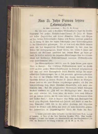 Aus D. John Patons letzten Lebensjahren. In piam memoriam