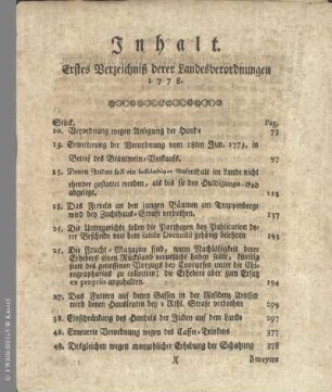 Inhalt. Erstes Verzeichniß derer Landesverordnungen 1778