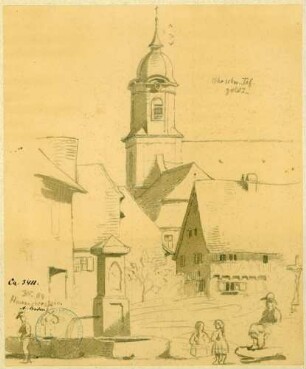 Haueneberstein Marktbrunnen mit Blick auf Pfarrkirche