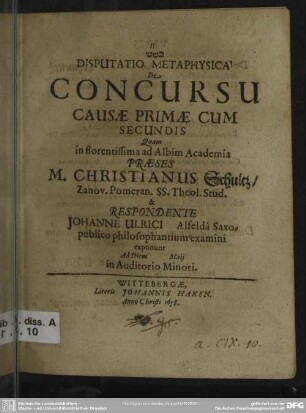 Disputatio metaphysica de concursu causae primae cum secundis