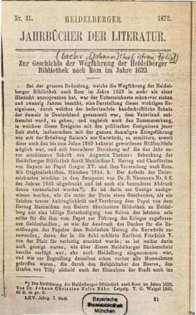 Zur Geschichte der Wegführung der Heidelberger Bibliothek nach Rom im Jahre 1623. [2.]