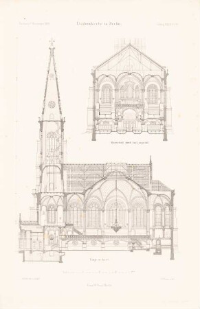 Dankeskirche, Berlin-Wedding: Längsschnitt, Querschnitt durch das Langhaus (aus: Atlas zur Zeitschrift für Bauwesen, hrsg. v. Ministerium der öffentlichen Arbeiten, Jg. 39, 1889)