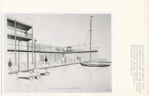 Wassersportclub am Müggelsee, Berlin-Friedrichshagen (Diplomarbeit bei Bernhard Hermkes): Clubhaus, Yachthafen, Perspektivische Ansicht