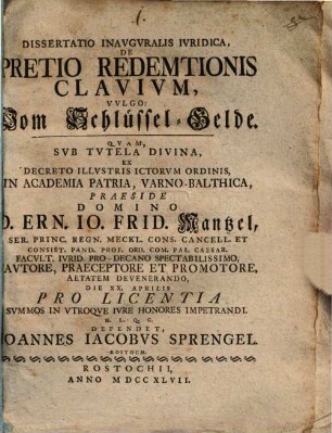 Dissertatio Inavgvralis Ivridica, De Pretio Redemtionis Clavivm, Vvlgo: Vom Schlüssel-Gelde